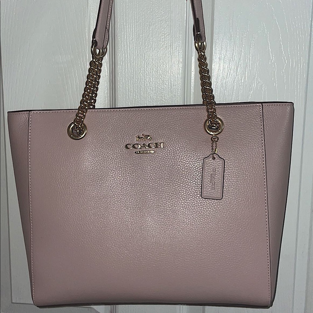 Light Pink Coach Hand Bag With Gold Chain Straps